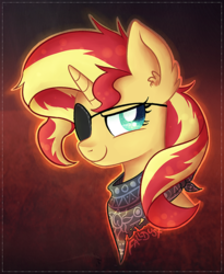 Size: 600x733 | Tagged: safe, artist:falldust, sunset shimmer, pony, unicorn, g4, bandana, eyepatch, female, mare, pirate, red background, shimmer me timbers, signature, simple background, solo