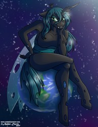 Size: 989x1280 | Tagged: safe, artist:sonicsweeti, queen chrysalis, changeling, changeling queen, anthro, unguligrade anthro, g4, bigger than a planet, breasts, busty queen chrysalis, earth, featureless breasts, female, macro, pony bigger than a planet, sitting