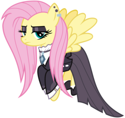 Size: 3400x3200 | Tagged: safe, artist:cheezedoodle96, fluttershy, pegasus, pony, fake it 'til you make it, .svg available, alternate hairstyle, clothes, ear piercing, earring, eyeshadow, female, fluttergoth, flying, gem, goth, jacket, jewelry, lidded eyes, looking at you, makeup, mare, necklace, piercing, ruffled shirt, simple background, slippers, solo, spread wings, svg, transparent background, vector, wings