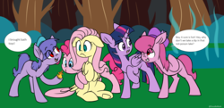 Size: 4744x2290 | Tagged: safe, artist:chub-wub, fluttershy, pinkie pie, twilight sparkle, alicorn, earth pony, kelpie, pegasus, pony, g4, bath toy, blank flank, bramble (ducktales), briar (ducktales), crossover, ducktales, ducktales 2017, female, floppy ears, forest, one eye closed, ponified, quintet, rubber duck, simple background, twilight sparkle (alicorn), voice actor joke