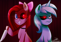 Size: 1460x1020 | Tagged: safe, artist:the-butch-x, oc, earth pony, pony, unicorn, commission, duo, heterochromia, hoof hold, knife, next generation, signature