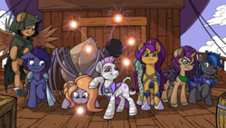 Size: 4800x2700 | Tagged: safe, artist:latecustomer, oc, oc only, bat pony, monster pony, original species, pegasus, pony, spiderpony, unicorn, zebra, airship, barrel, bat pony oc, clothes, colored hooves, commission, crossover, dungeons and dragons, fireworks, looking at you, raised hoof, unshorn fetlocks, zebra oc