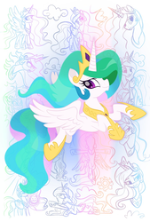 Size: 938x1388 | Tagged: safe, artist:nanook123, daybreaker, princess celestia, alicorn, pony, g4, crown, cutie mark, female, flying, jewelry, looking at you, mare, regalia, solo