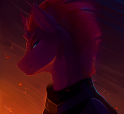 Size: 1702x1575 | Tagged: safe, artist:mich-art, tempest shadow, pony, unicorn, g4, my little pony: the movie, armor, badass, broken horn, embers, female, horn, lidded eyes, lighting, looking at you, mare, neck fluff, profile, solo