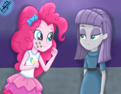 Size: 1100x850 | Tagged: safe, artist:liniitadash23, maud pie, pinkie pie, equestria girls, g4, my little pony equestria girls: better together, the maud couple, clothes, dress, equestria girls interpretation, female, lidded eyes, looking at each other, scene interpretation, show accurate, sisters, skirt, smiling