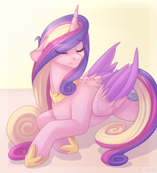 Size: 1548x1704 | Tagged: safe, artist:mich-art, princess cadance, alicorn, pony, g4, cute, cutedance, eye clipping through hair, eyes closed, female, floppy ears, hoof shoes, jewelry, mare, prone, regalia, smiling, solo, two toned wings, wing fluff