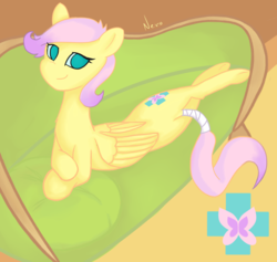 Size: 2162x2052 | Tagged: safe, artist:radioactive nero, fluttershy, pegasus, pony, g4, alternate cutie mark, alternate hairstyle, alternate universe, high res, no pupils, smiling, story in the source, tail wrap, underhoof