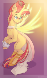 Size: 1094x1793 | Tagged: safe, artist:mich-art, sunset shimmer, pony, unicorn, equestria girls, g4, my little pony equestria girls: friendship games, abstract background, artificial wings, augmented, cape, clothes, daydream shimmer, female, glowing horn, horn, jewelry, magic, magic wings, mare, regalia, shadow, solo, wings