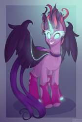 Size: 1119x1666 | Tagged: safe, artist:mich-art, sci-twi, twilight sparkle, alicorn, pony, equestria girls, g4, my little pony equestria girls: friendship games, abstract background, choker, equestria girls ponified, evil grin, female, glowing eyes, glowing horn, grin, horn, jewelry, mare, midnight sparkle, ponified, regalia, smiling, solo
