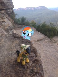 Size: 1024x1371 | Tagged: safe, artist:didgereethebrony, daring do, rainbow dash, g4, blue mountains, cliff, cute, dashabetes, fangirl, figure, figurine, happy, irl, katoomba, mlp in australia, obsessed, obsession, photo, photobomb, ponies around the world, ponies in real life, smiling, squee, toy, trail