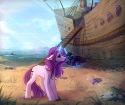 Size: 1623x1368 | Tagged: safe, artist:mich-art, oc, oc only, crab, pony, unicorn, beach, blushing, cloud, crepuscular rays, dishevelled, duo, female, floppy ears, gangplank, glowing horn, hat, horn, magic, male, mare, micro, net, ocean, pirate hat, ratlines, sailship, ship, skull, stallion, telekinesis
