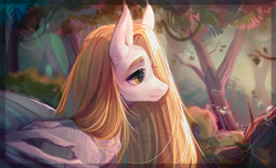 Size: 1661x1017 | Tagged: safe, artist:mich-art, oc, oc only, bat pony, pony, female, forest, mare, scenery, solo, thick eyebrows, tree, wings