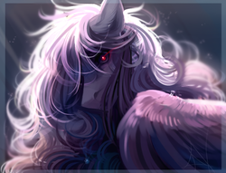 Size: 1604x1228 | Tagged: safe, artist:mich-art, oc, oc only, pegasus, pony, abstract background, crepuscular rays, ear fluff, glowing eyes, hair over one eye, looking at you, red eyes, solo