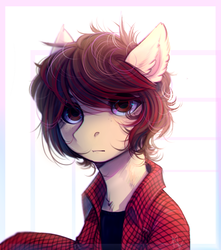 Size: 1507x1701 | Tagged: safe, artist:mich-art, oc, oc only, semi-anthro, abstract background, clothes, ear fluff, female, mare, plaid shirt, shirt, solo, undershirt
