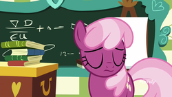 Size: 1920x1080 | Tagged: safe, screencap, cheerilee, earth pony, pony, fake it 'til you make it, g4, book, chalkboard, discovery family logo, eyes closed, female, solo