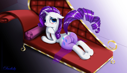 Size: 5550x3200 | Tagged: safe, artist:darksly, rarity, pony, unicorn, g4, blushing, butt, clothes, dock, fainting couch, featureless crotch, female, looking at you, looking back, looking back at you, mare, plot, pose, see-through, sofa bed, solo, tail, tail lift, wallpaper