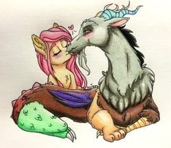 Size: 2813x2429 | Tagged: safe, artist:ameliacostanza, discord, fluttershy, g4, female, high res, kissing, male, ship:discoshy, shipping, straight, traditional art