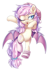 Size: 1600x2326 | Tagged: safe, artist:centchi, oc, oc only, oc:stardust, bat pony, pony, clothes, female, hat, mare, nightcap, one eye closed, simple background, socks, solo, transparent background, watermark, yawn