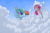 Size: 1500x980 | Tagged: dead source, safe, artist:hc0, pinkie pie, rainbow dash, pony, g4, cloud, flying, how, pinkie being pinkie, pinkie physics, pogo stick