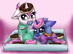 Size: 2300x1702 | Tagged: safe, artist:tillie-tmb, princess celestia, princess luna, pony, g4, baby, baby pony, cewestia, clothes, cute, cutelestia, donut, duo, ear fluff, female, filly, food, lunabetes, onesie, pacifier, pajamas, pink-mane celestia, puffy cheeks, sabotage, weapons-grade cute, woona, younger
