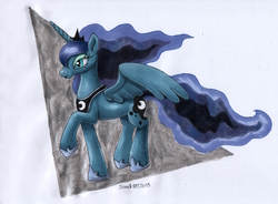 Size: 1000x737 | Tagged: safe, artist:andpie, princess luna, alicorn, pony, g4, abstract background, female, mare, raised hoof, solo, spread wings, traditional art, wings