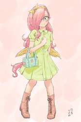 Size: 1200x1800 | Tagged: safe, artist:yanamosuda, oc, oc:shymos, human, blushing, boots, clothes, cute, dress, elf ears, female, glasses, hair covering face, hair over one eye, humanized, looking at you, parent:fluttershy, purse, shoes, winged humanization, wings