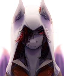 Size: 1275x1505 | Tagged: safe, artist:mich-art, oc, oc only, oc:dark lightning, semi-anthro, assassin's creed, clothes, ear fluff, ear tag, hood, jacket, looking at you, red and black oc, red eyes, simple background, solo, white background
