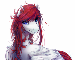 Size: 1286x1025 | Tagged: safe, artist:mich-art, oc, oc only, pegasus, pony, blue eyes, heart, looking at you, red hair, simple background, smiling, solo, white background