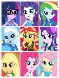 Size: 3106x4096 | Tagged: safe, applejack, fluttershy, pinkie pie, rainbow dash, rarity, sci-twi, starlight glimmer, sunset shimmer, trixie, twilight sparkle, human, equestria girls, g4, my little pony equestria girls: better together, geode of empathy, geode of fauna, geode of shielding, geode of sugar bombs, geode of super speed, geode of super strength, geode of telekinesis, humane five, humane seven, humane six, looking at you, magical geodes, multicolored hair