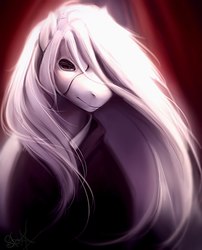 Size: 873x1080 | Tagged: safe, artist:mich-art, oc, oc only, semi-anthro, abstract background, clothes, coat, mask, phantom of the opera, solo, white hair