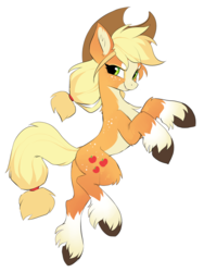 Size: 1105x1470 | Tagged: dead source, safe, artist:hioshiru, applejack, earth pony, pony, g4, alternate design, blaze (coat marking), chest fluff, coat markings, colored hooves, concave belly, countershading, cowboy hat, ear fluff, facial markings, female, freckles, hairband, hat, leg fluff, looking at you, mare, redesign, side view, simple background, slender, socks (coat markings), solo, tail band, thin, unshorn fetlocks, white background