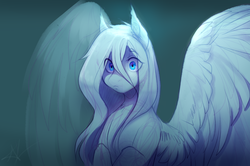 Size: 2814x1864 | Tagged: safe, artist:mich-art, oc, oc only, pegasus, pony, abstract background, blue eyes, ear fluff, female, large wings, mare, solo, spread wings, white hair, wide eyes, wings