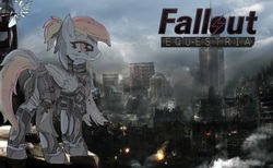 Size: 1618x998 | Tagged: safe, artist:aleriastarlight, artist:lightning5trike, rainbow dash, pegasus, pony, fallout equestria, g4, alternate hairstyle, armor, bandage, city, cityscape, ear fluff, eye scar, female, fire, frown, mare, ministry mares, ponytail, ruins, scar, solo, tail wrap, wallpaper
