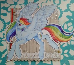 Size: 1280x1136 | Tagged: safe, artist:dark-fox01, rainbow dash, pegasus, pony, g4, card, craft, cutie mark, female, flying, looking at you, mare, papercraft, solo, spread wings, tongue out, traditional art, wings