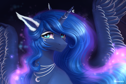 Size: 3000x2000 | Tagged: safe, artist:fenwaru, princess luna, alicorn, pony, g4, abstract background, alternate design, beautiful, bust, coat markings, colored ears, ear fluff, ethereal mane, female, high res, horn, horn jewelry, hybrid wings, jewelry, large wings, looking at you, mare, missing accessory, necklace, slit pupils, smiling, solo, spread wings, starry mane, wing claws, wings