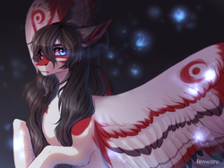 Size: 2000x1500 | Tagged: safe, artist:fenwaru, oc, oc only, oc:hotaru, pegasus, pony, abstract background, black hair, blue eyes, coat markings, colored wings, colored wingtips, commission, female, looking at you, mare, solo, spread wings, wings