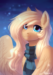 Size: 1000x1400 | Tagged: safe, artist:fenwaru, oc, oc only, oc:mirta whoowlms, pegasus, pony, abstract background, blonde, blue eyes, chest fluff, clothes, ear fluff, female, gift art, mare, scarf, smiling, solo