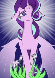 Size: 2891x4096 | Tagged: safe, artist:zemlya, starlight glimmer, alicorn, pony, unicorn, g4, alicornified, artificial wings, augmented, female, flower, hair over one eye, magic, magic wings, race swap, smiling, solo, starlicorn, wings