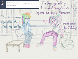 Size: 2560x1920 | Tagged: safe, artist:cybersquirrel, aria blaze, rainbow dash, tumblr:ariadash, equestria girls, g4, ariadash, backpack, clothes, couch, digital art, duo, female, lesbian, pillow, rainbow socks, shipping, socks, striped socks, traditional art emulation, tumblr