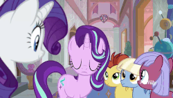 Size: 848x480 | Tagged: safe, screencap, gooseberry, hyper sonic, lemon crumble, rarity, starlight glimmer, water spout, pony, unicorn, fake it 'til you make it, g4, season 8, animated, background pony, colt, cute, female, filly, friendship student, glimmerbetes, head shake, male, mare, no