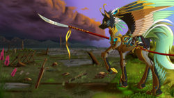 Size: 2000x1125 | Tagged: safe, artist:twotail813, oc, oc only, oc:alpine apotheon, pegasus, pony, rcf community, armor, battlefield, cloud, evening, feathered mane, female, ruins, solo, spear, swamp, sword, weapon, wings