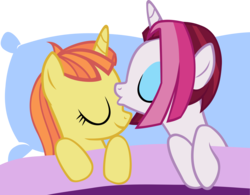 Size: 4436x3453 | Tagged: safe, artist:ironm17, cayenne, citrus blush, pony, unicorn, g4, blanket, citruyenne, eyes closed, female, kissing, lesbian, love, pillow, shipping, simple background, smiling, transparent background, vector