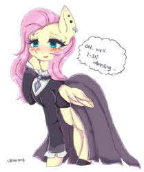Size: 586x702 | Tagged: safe, artist:divided-s, fluttershy, pegasus, pony, fake it 'til you make it, g4, blushing, clothes, cute, dress, female, fluttergoth, goth, looking at you, mare, raised hoof, shyabetes, simple background, solo, white background
