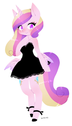 Size: 900x1558 | Tagged: safe, artist:divided-s, princess cadance, alicorn, anthro, unguligrade anthro, g4, arm hooves, blushing, both cutie marks, clothes, dress, female, looking at you, mare, simple background, solo