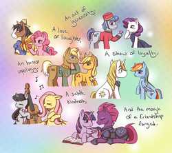 Size: 1968x1748 | Tagged: safe, artist:silverhyena, applejack, fluttershy, octavia melody, pinkie pie, prince blueblood, rainbow dash, rarity, tempest shadow, trenderhoof, trouble shoes, twilight sparkle, welcome inn, alicorn, earth pony, pegasus, pony, unicorn, g4, my little pony: the movie, apology, bellhop, bellhop pony, blushing, clothes, clown nose, crack shipping, cute, dress, female, fluttertavia, gem, lesbian, male, mane six, mare, music notes, red nose, ship:bluedash, ship:tempestlight, shipping, stallion, story in the source, straight, trenderjack, trouble pie, twilight sparkle (alicorn)