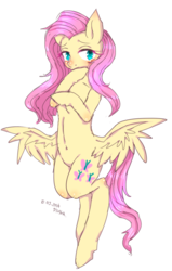 Size: 582x917 | Tagged: safe, artist:divided-s, fluttershy, pegasus, pony, g4, blushing, butt wings, female, looking at you, mare, simple background, solo, white background