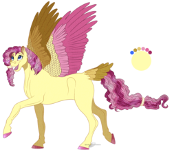 Size: 1276x1126 | Tagged: safe, artist:bijutsuyoukai, oc, oc only, pegasus, pony, colored hooves, colored wings, female, magical lesbian spawn, mare, multicolored wings, offspring, parent:fluttershy, parent:pinkie pie, parents:flutterpie, raised hoof, simple background, solo, spread wings, tail feathers, transparent background, wings