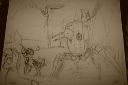 Size: 2576x1714 | Tagged: safe, artist:drawingwithapitoffriendship, airship, alternate universe, army, canterlot, flag, gun, mech, military uniform, traditional art, weapon