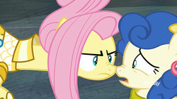 Size: 1920x1080 | Tagged: safe, screencap, blueberry curls, fluttershy, earth pony, pegasus, pony, fake it 'til you make it, g4, alternate hairstyle, angry, boop, clothes, looking at each other, noseboop, scrunchy face, warrior of inner strength, warriorshy