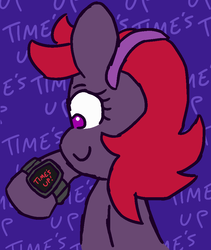 Size: 760x900 | Tagged: safe, artist:threetwotwo32232, oc, oc only, oc:quick draw, earth pony, pony, 30 minute art challenge, female, mare, solo, text, watch